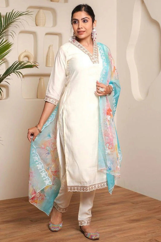 Off White Chanderi Cotton Stitched Suit NCSS11111448