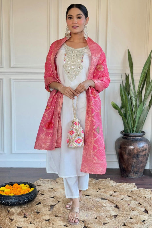 Off White Chanderi Stitched Salwar Suit NCSS11111583