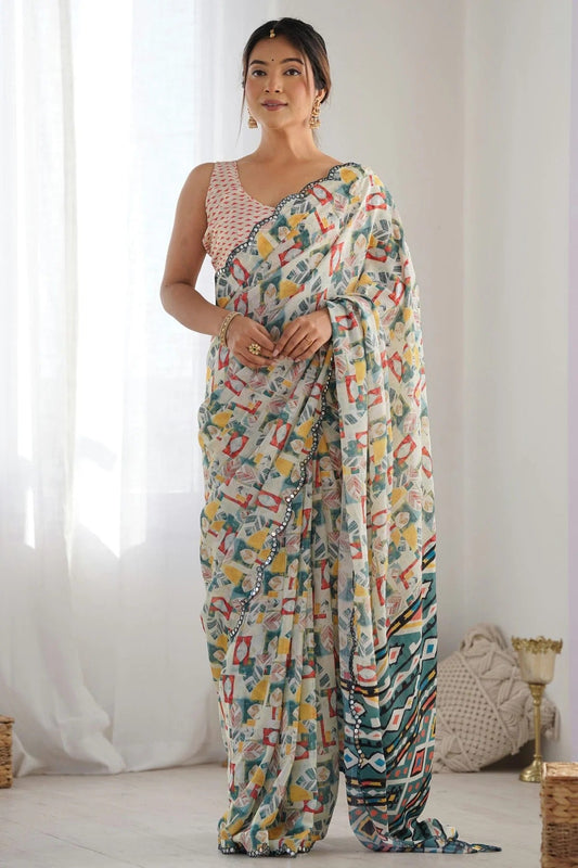 Off White Chinon Printed Saree NCSD11111553