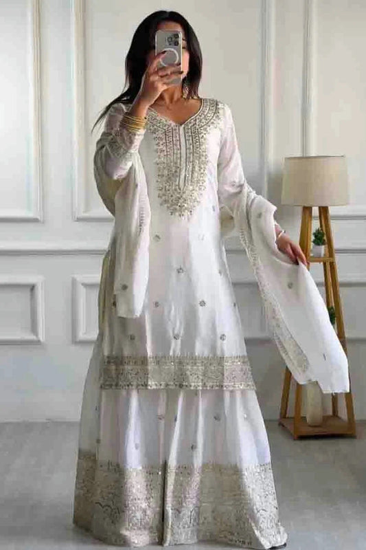 Off White Chinon Silk Stitched Sharara Suit NCSS11410275