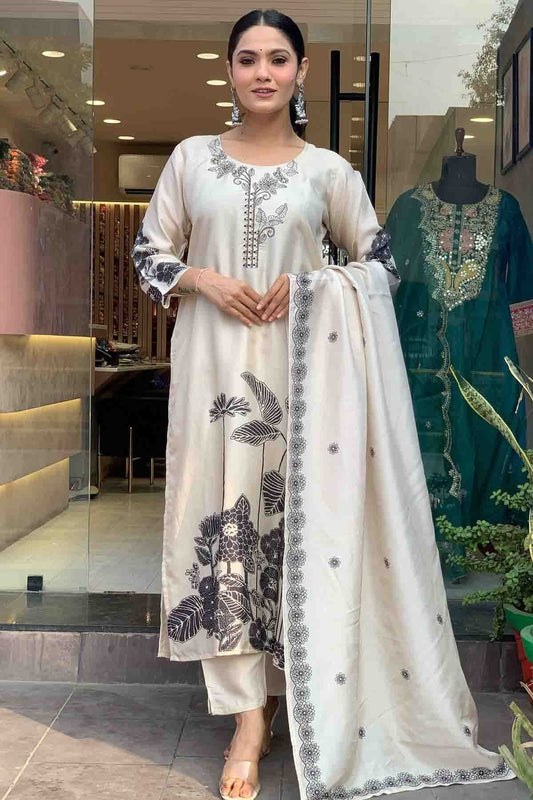 Off White Chinon Silk Stitched Suit NCSS11110681