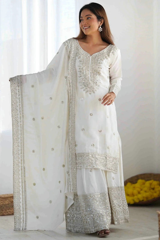 Off White Chinon Silk Stitched Suit NCSS11110854
