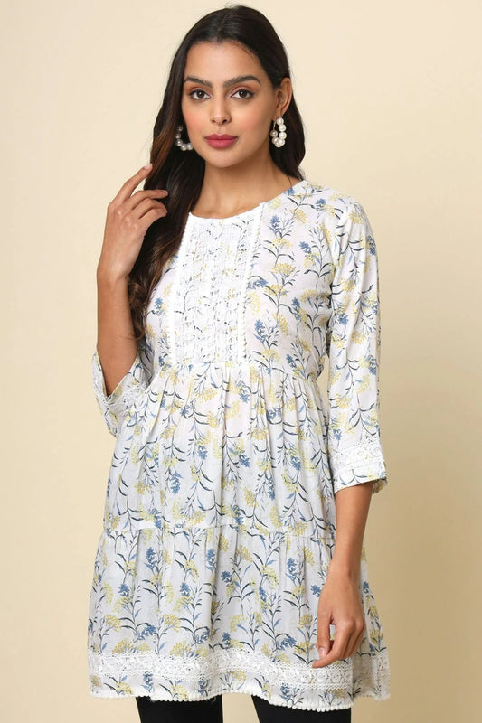 Off White Cotton Printed,Lace Readymade Top  NCTP11112292
