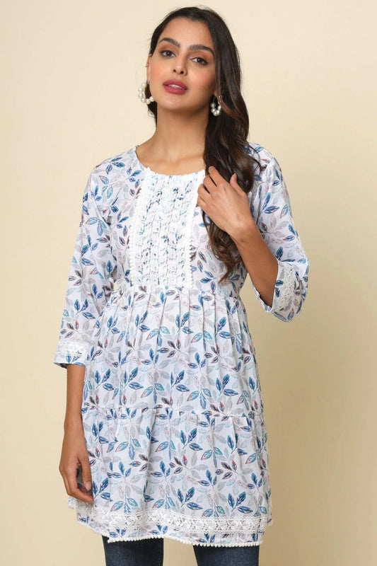 Off White Cotton Printed,Lace Readymade Top  NCTP11112294