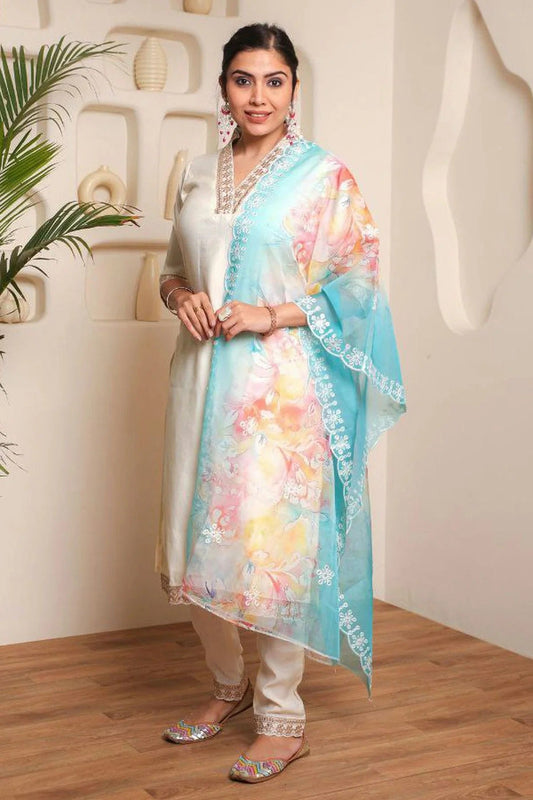 Off White Embroidery Chanderi Stitched Suit NCSS11111273