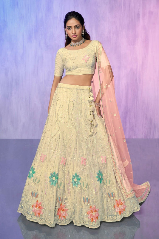 Off White Embroidery Net Lehenga Choli NCLD10810307