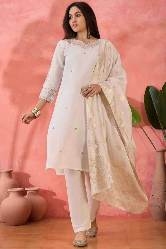 Off White Embroidery Roman Silk Pant Style Suit NCSS11110489