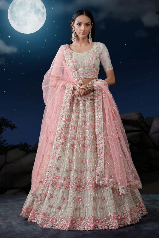 Off White Embroidery Soft Net Lehenga Choli NCLD10810316