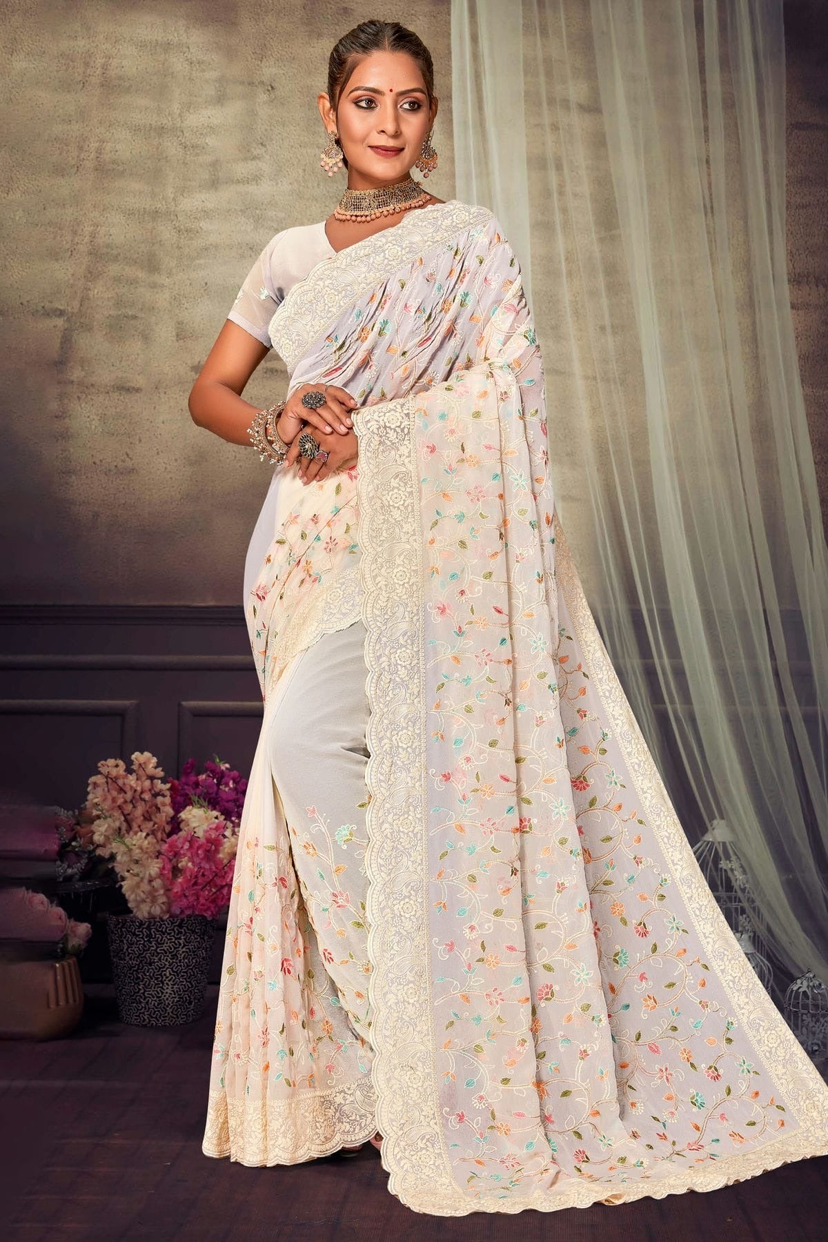 Off White Georgette Designer Saree NCLC11210318
