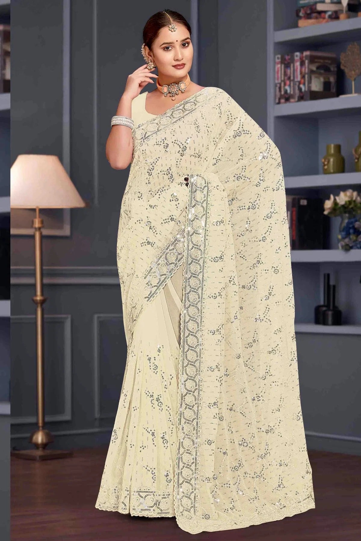 Off White Georgette Embroidery Designer Saree NCSD10910101