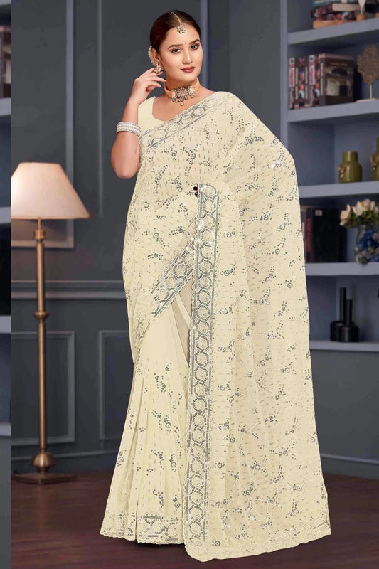 Off White Georgette Embroidery Designer Saree NCSD10910101