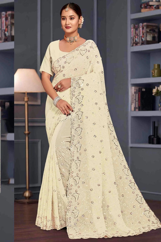 Off White Georgette Embroidery Designer Saree NCSD10910105