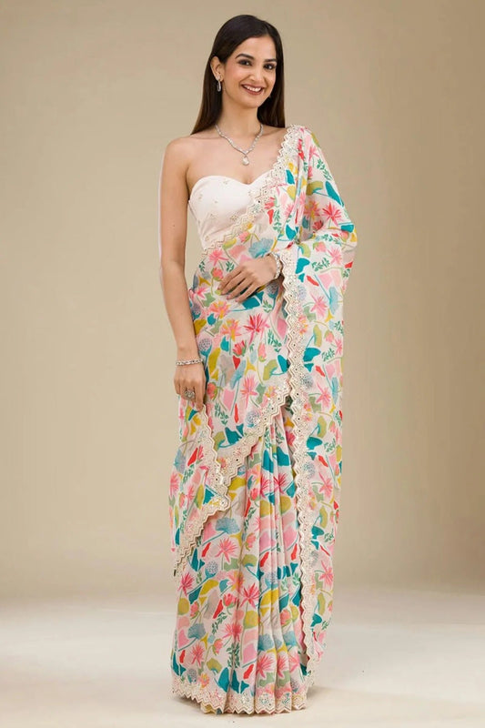 Off White Georgette Printed Saree NCSD11111160