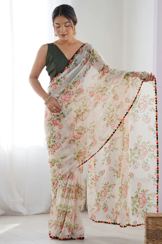 Off White Georgette Printed Saree NCSD11111520