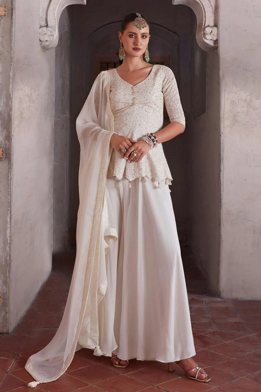 Off White Georgette Sharara Suit NCSS11410580