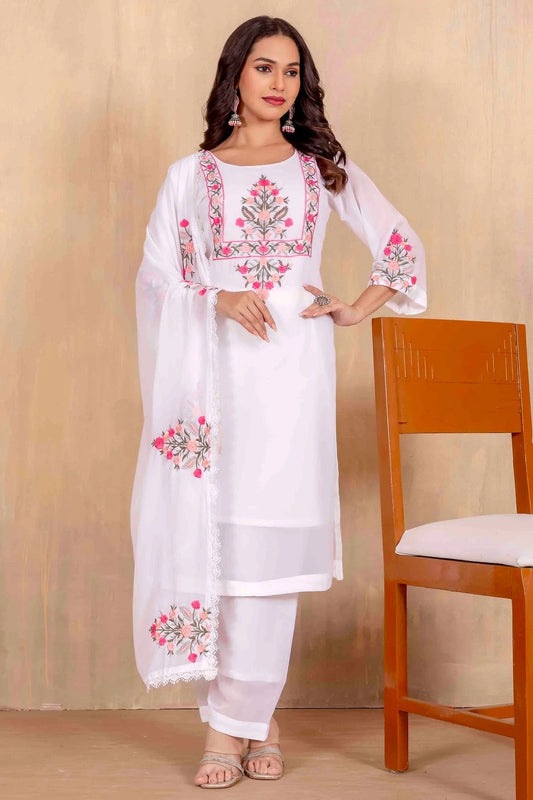 Off White Georgette Stitched Suit NCSS11110660