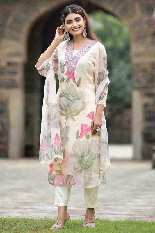 Off White Georgette Stitched Suit NCSS11110662