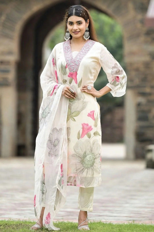 Off White Georgette Stitched Suit NCSS11111430
