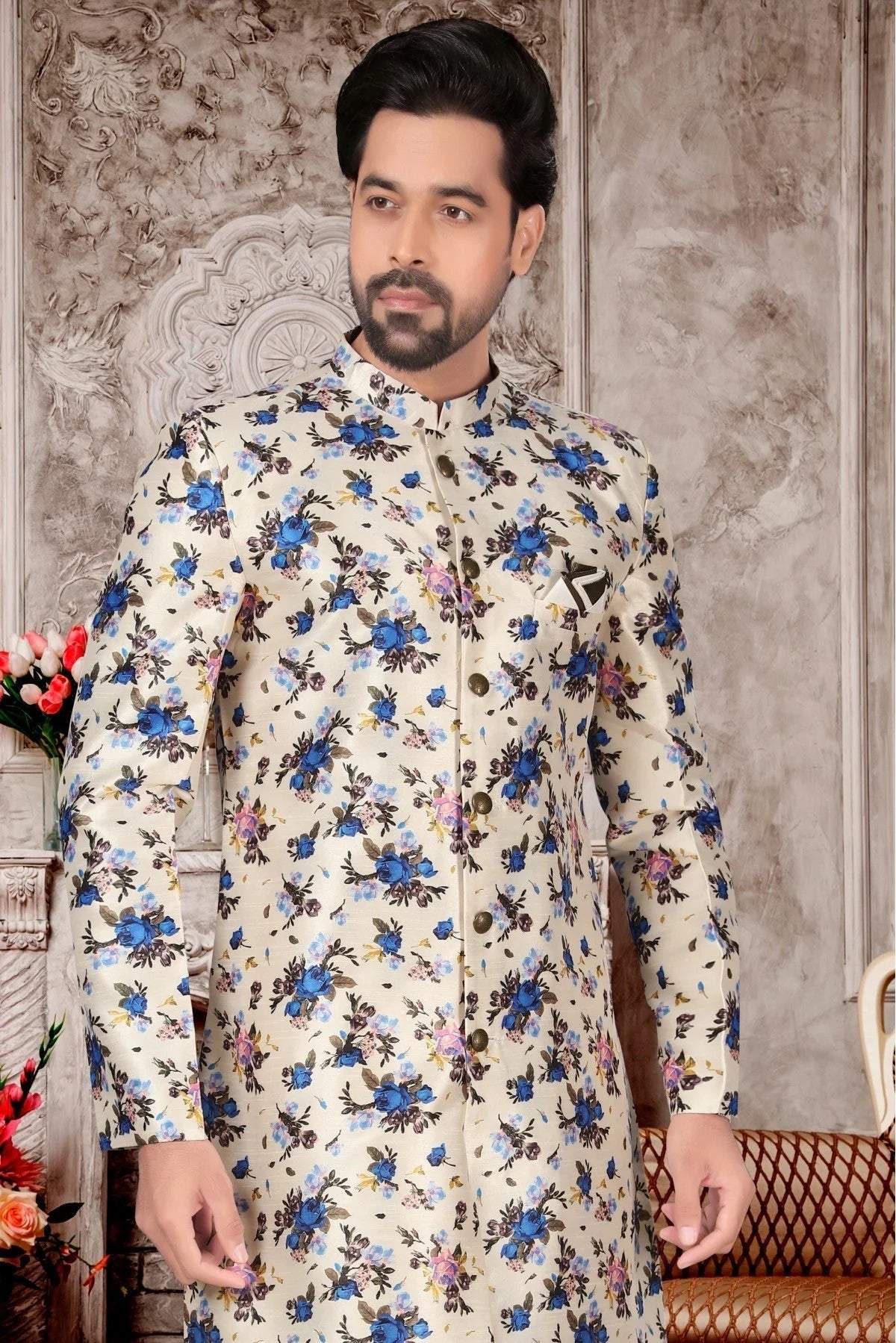 Off White Jacquard Sherwani NCSH10410389