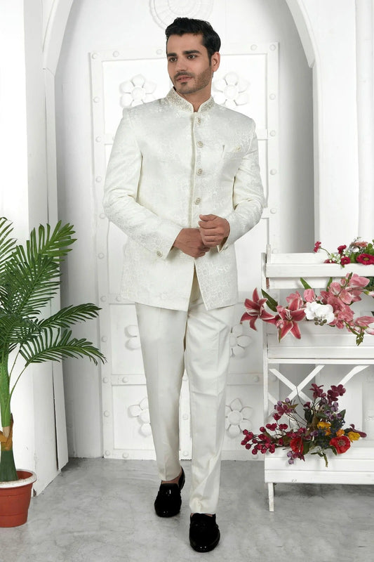 Off White Jacquard Silk Jodhpuri Jacket  NCJP12310272