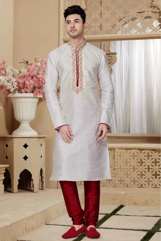 Off White Kurta Pajama In Art Dhupion NCKP10410564