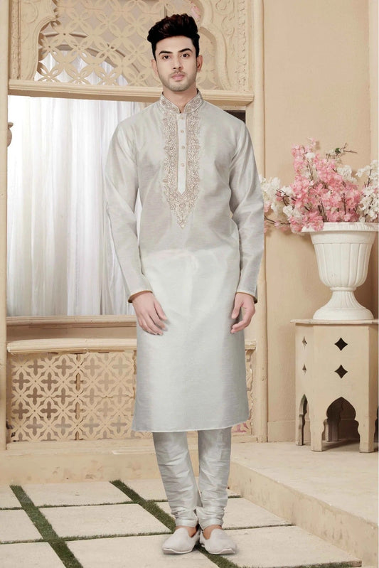 Off White Kurta Pajama In Art Dhupion NCKP10410573