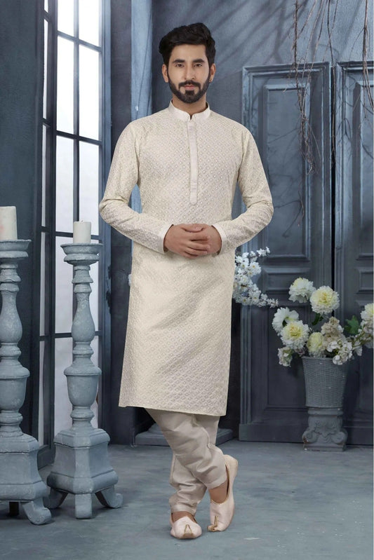 Off White Kurta Pajama In Lucknowi NCKP10410706