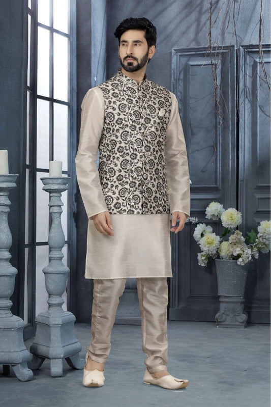 Off White Kurta PajamaWith Jacket In Silk Dupion NCKP10410732