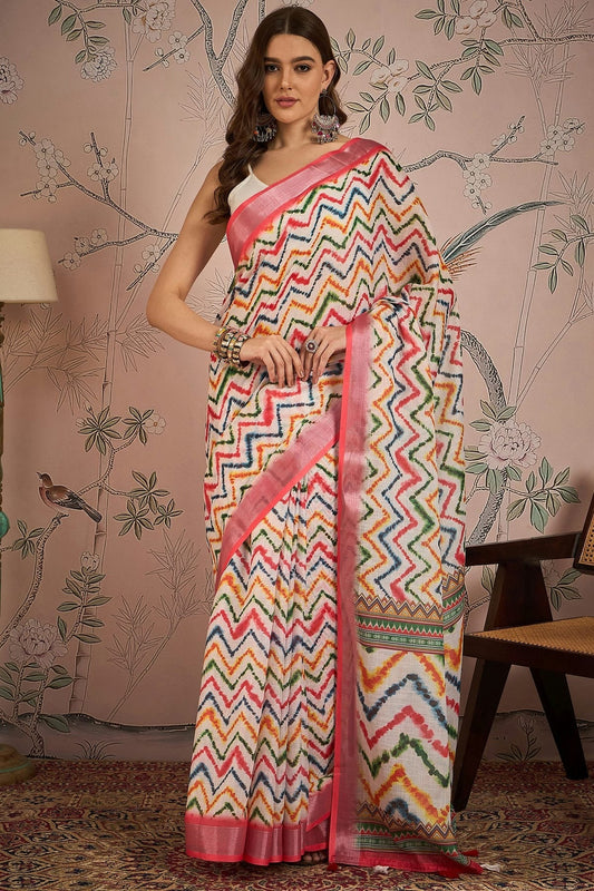 Off White Linen Blend Printed Saree NCSD11111831