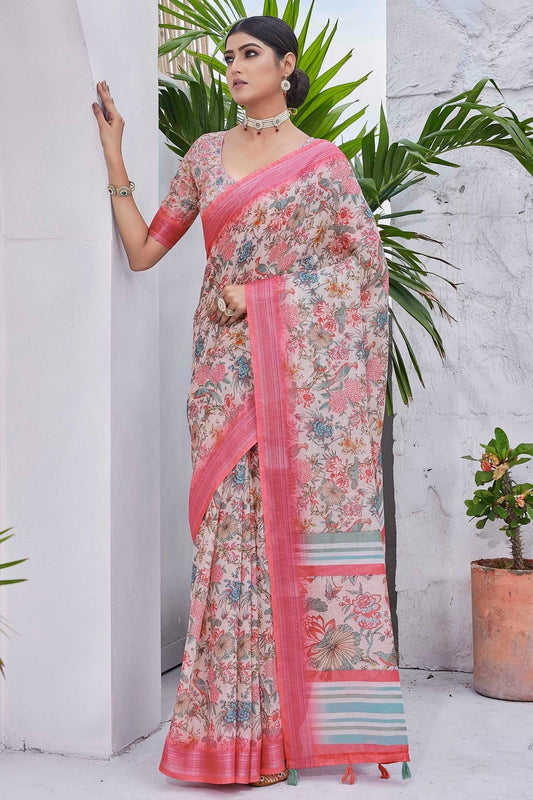 Off White Linen Blend Printed Saree NCSD11111877