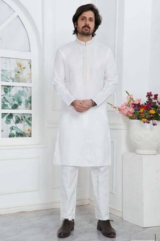 Off White Linen Cotton Thread Kurta Pajama NCKP12310230