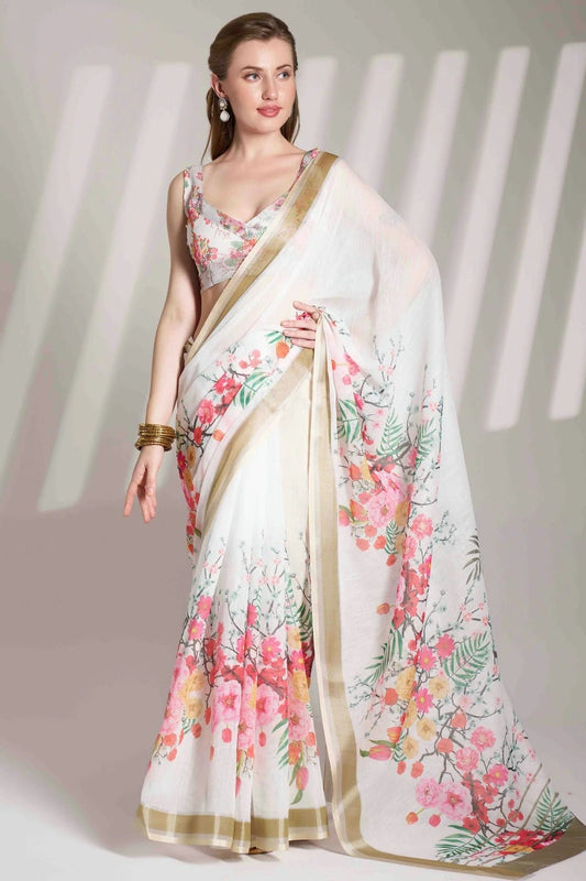 Off White Linen Printed Saree NCSD11110979