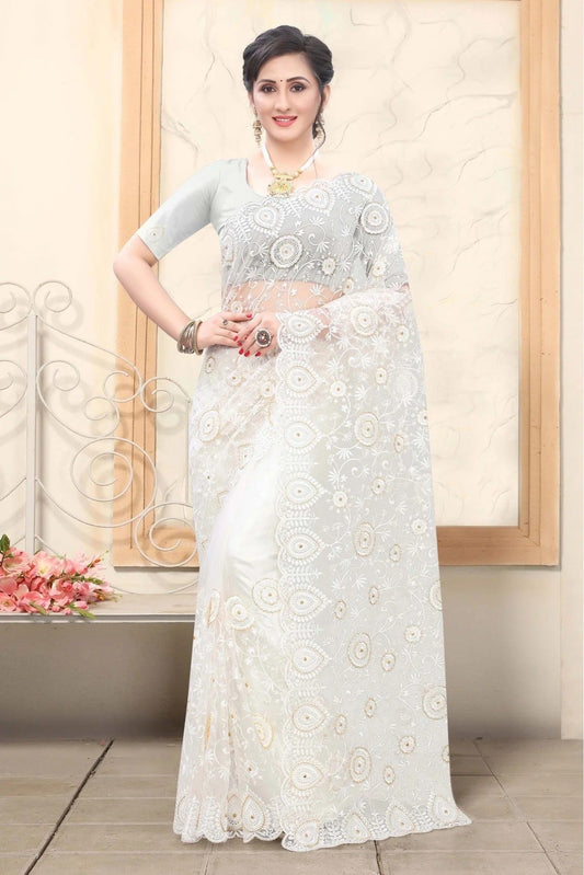 Off White Net Embroidery Saree NCSD10910560