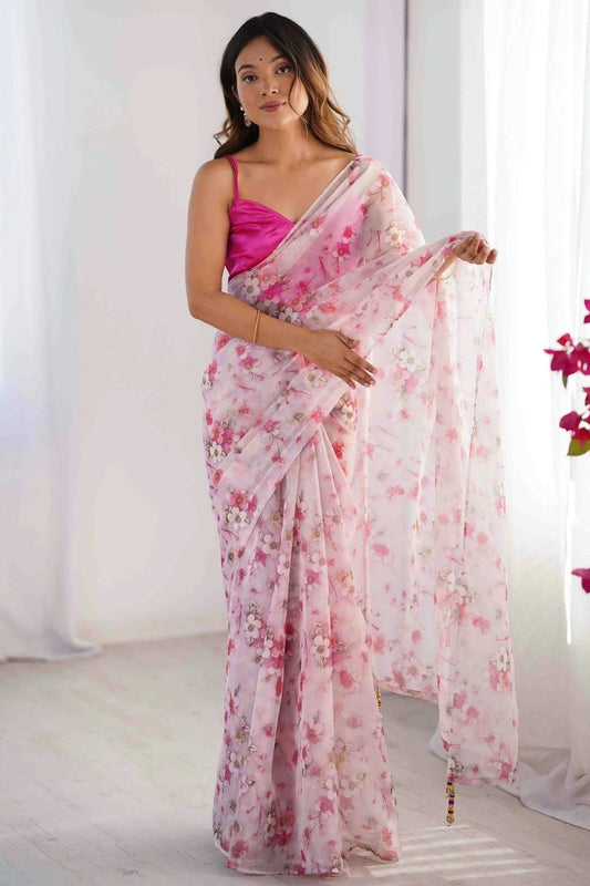 Off White Organza Printed Saree NCSD11110116