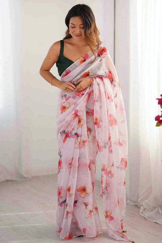 Off White Organza Printed Saree NCSD11110134