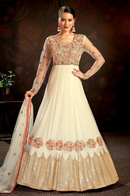 Off White Semi Stitched Butterfly Net Anarkali Suit NCSM11410534