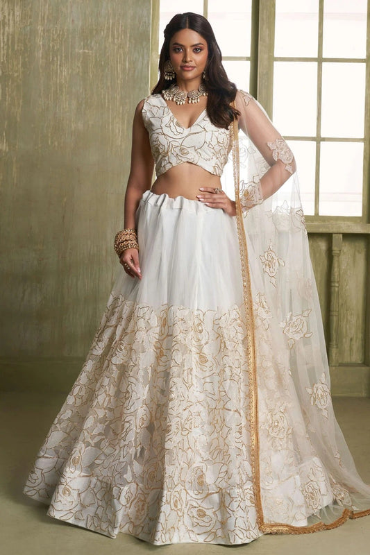 Off White Semi Stitched Butterfly Net Lehenga Choli NCLC11111247