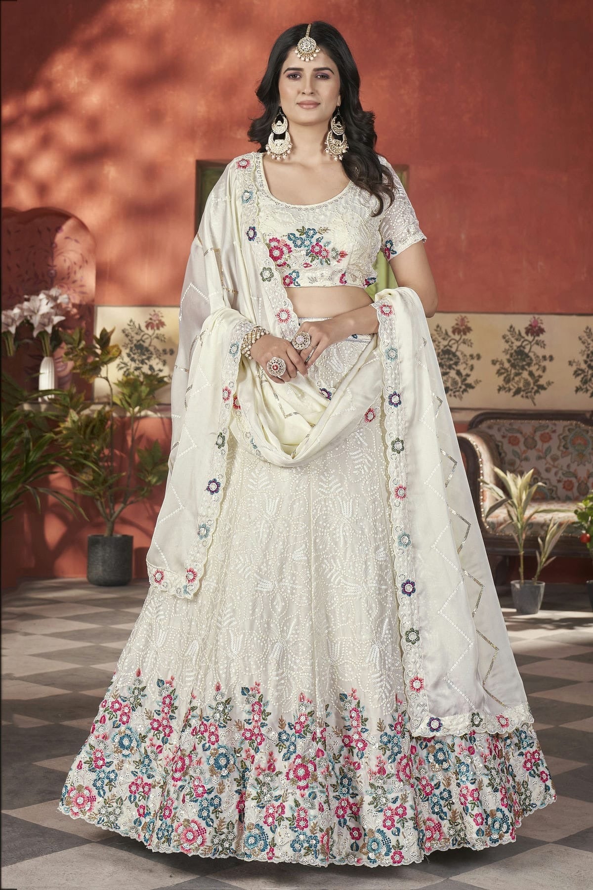 Off White Semi Stitched Chinon Lehenga Choli NCLC11111251