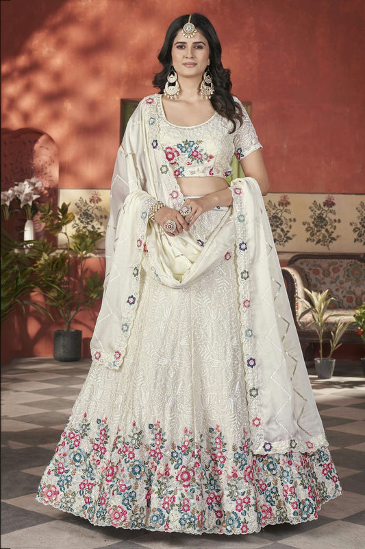 Off White Semi Stitched Chinon Lehenga Choli NCLC11111251