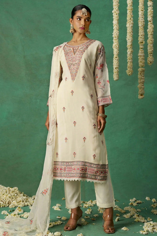 Off White Semi Stitched Organza Pant Style Suit NCSM11111021