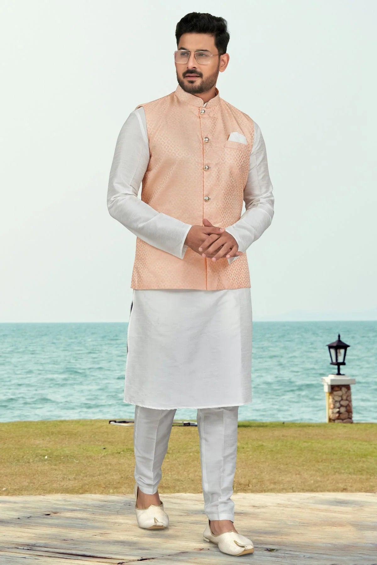 Off White Silk Dhupion Jacket Kurta Pajama NCKP10410308