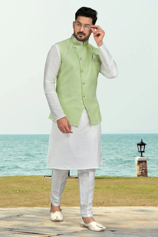 Off White Silk Dhupion Jacket Kurta Pajama NCKP10410309