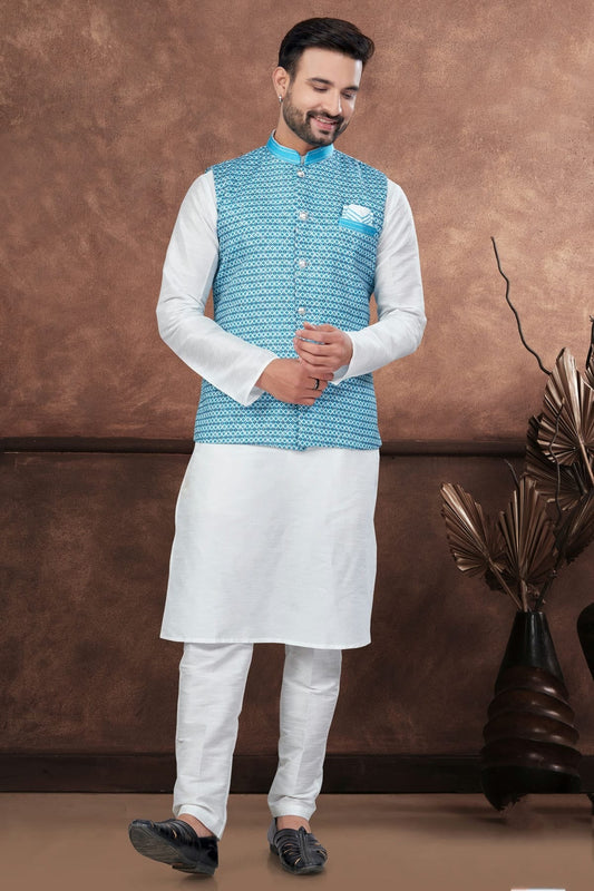 Off White Silk Dupion Jacket Kurta Pajama NCKP10410142