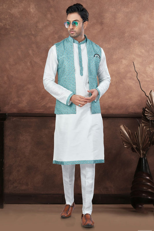 Off White Silk Dupion Jacket Kurta Pajama NCKP10410143
