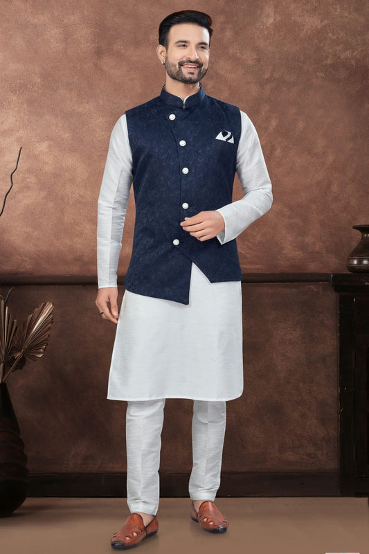 Off White Silk Dupion Jacket Kurta Pajama NCKP10410149
