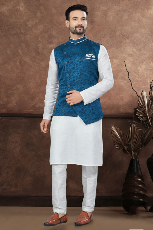 Off White Silk Dupion Jacket Kurta Pajama NCKP10410150