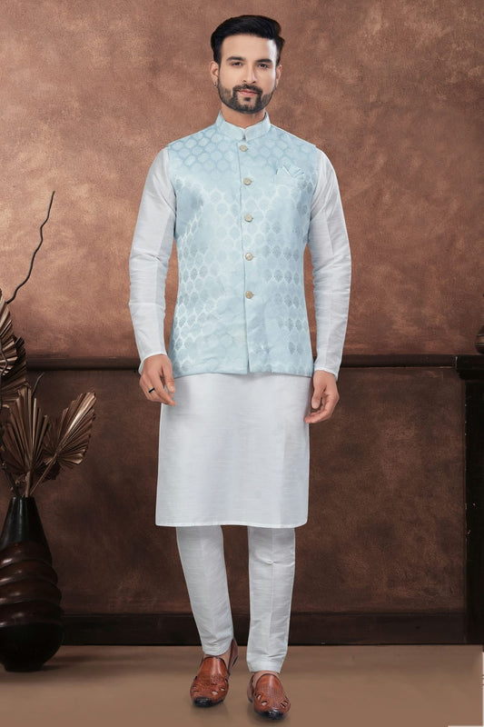 Off White Silk Dupion Jacket Kurta Pajama NCKP10410151