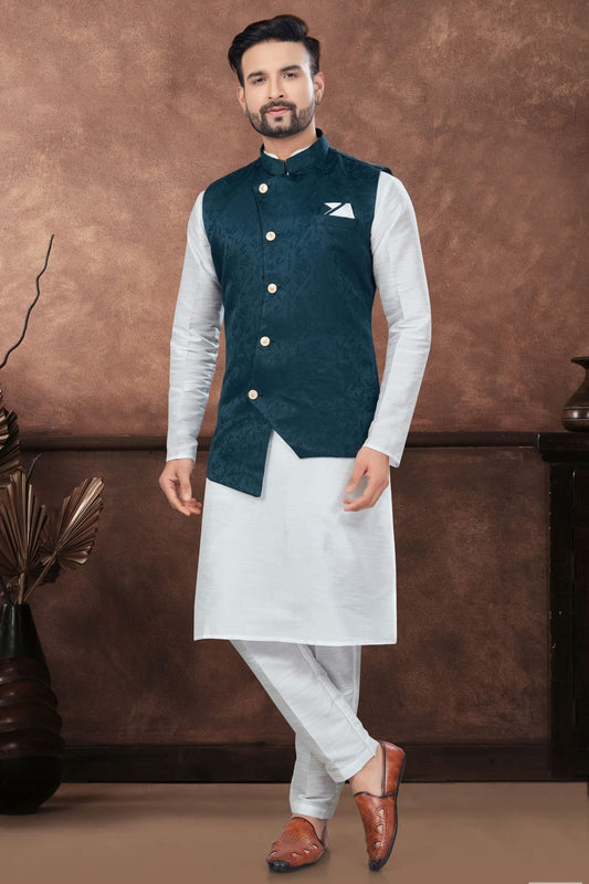 Off White Silk Dupion Jacket Kurta Pajama NCKP10410152