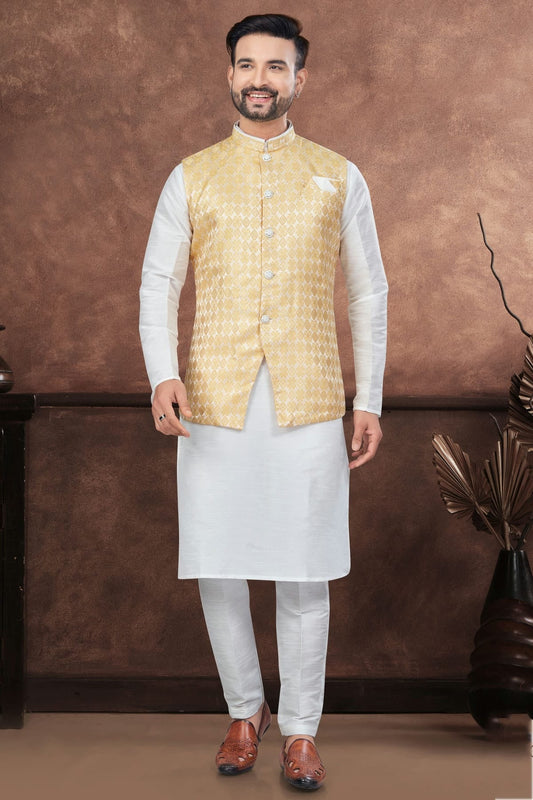 Off White Silk Dupion Jacket Kurta Pajama NCKP10410153