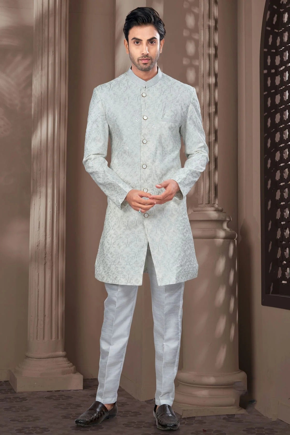 Off White Silk Dupion Sherwani NCSH10410173